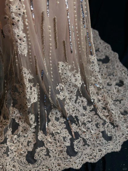 Classy V Neck Apricot Pink Sequin Beaded Mermaid Long Party Dress Evening Dress With Appliques D2516