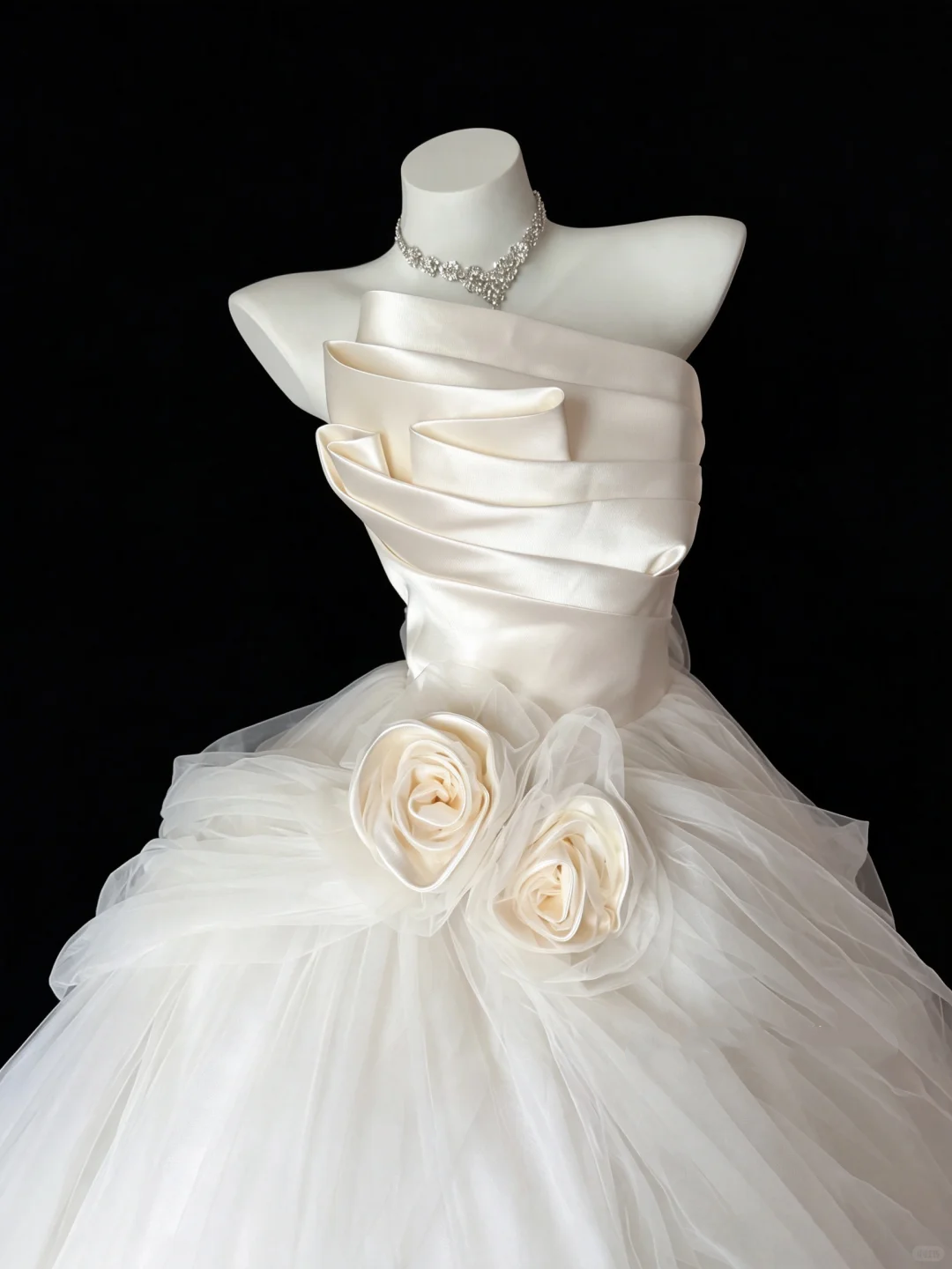 Pretty Strapless White Satin Tulle Long Wedding Dress With 3D Flowers D5281