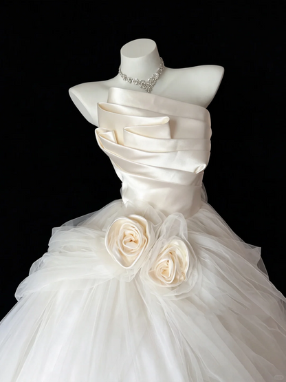 Pretty Strapless White Satin Tulle Long Wedding Dress With 3D Flowers D5281