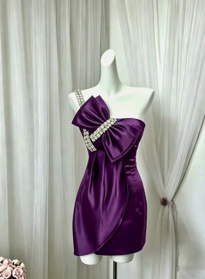 Fashion One Shoulder Satin Beaded Sheath Mini Birthday Dress,Purple Homecoming Dress D3059