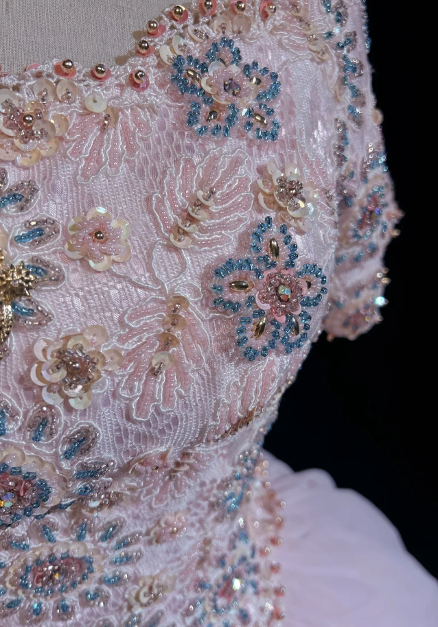 Charming Pink Tulle Lace Beaded Ball Gonn Long Birthady Evening Dress D2070