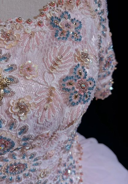 Charming Pink Tulle Lace Beaded Ball Gonn Long Birthady Evening Dress D2070