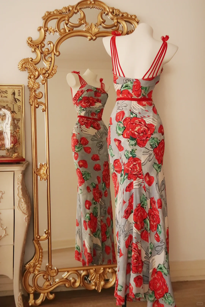 Beautiful Spaghetti Straps Chiffon Print Floral Mermaid Long Party Dress Prom Gown D2785
