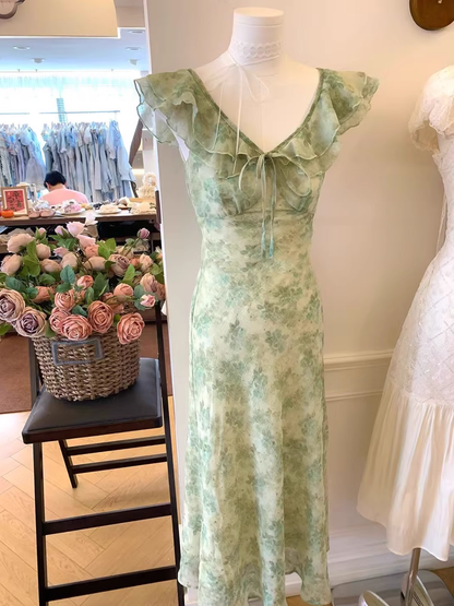 Green Ruffle Floral A Line Vacation Dress Birthday Party Dress S287