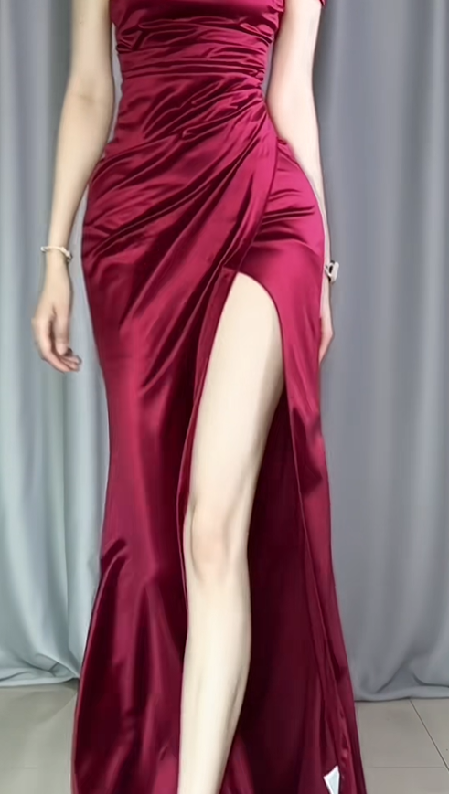 Pretty Burgundy Off The Shoulder Satin Pleated Mermaid Party Dress Long Slit Evening Gowns D2486