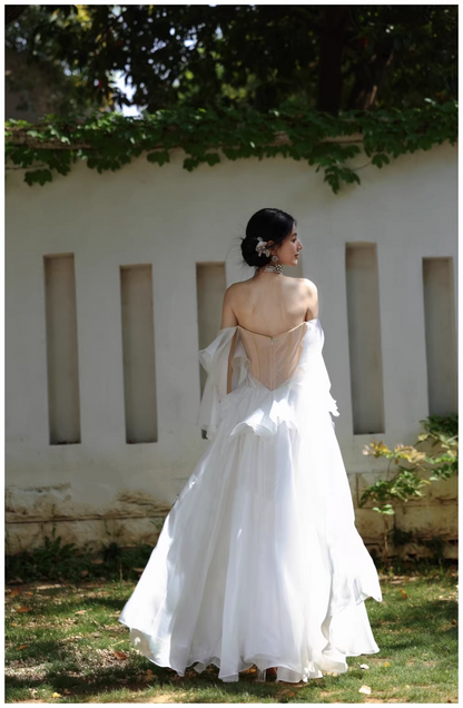 Fairy Off The Shoulder White Chiffon Pleated Pearls Long Party Dress Birthday Evening Gown D2411
