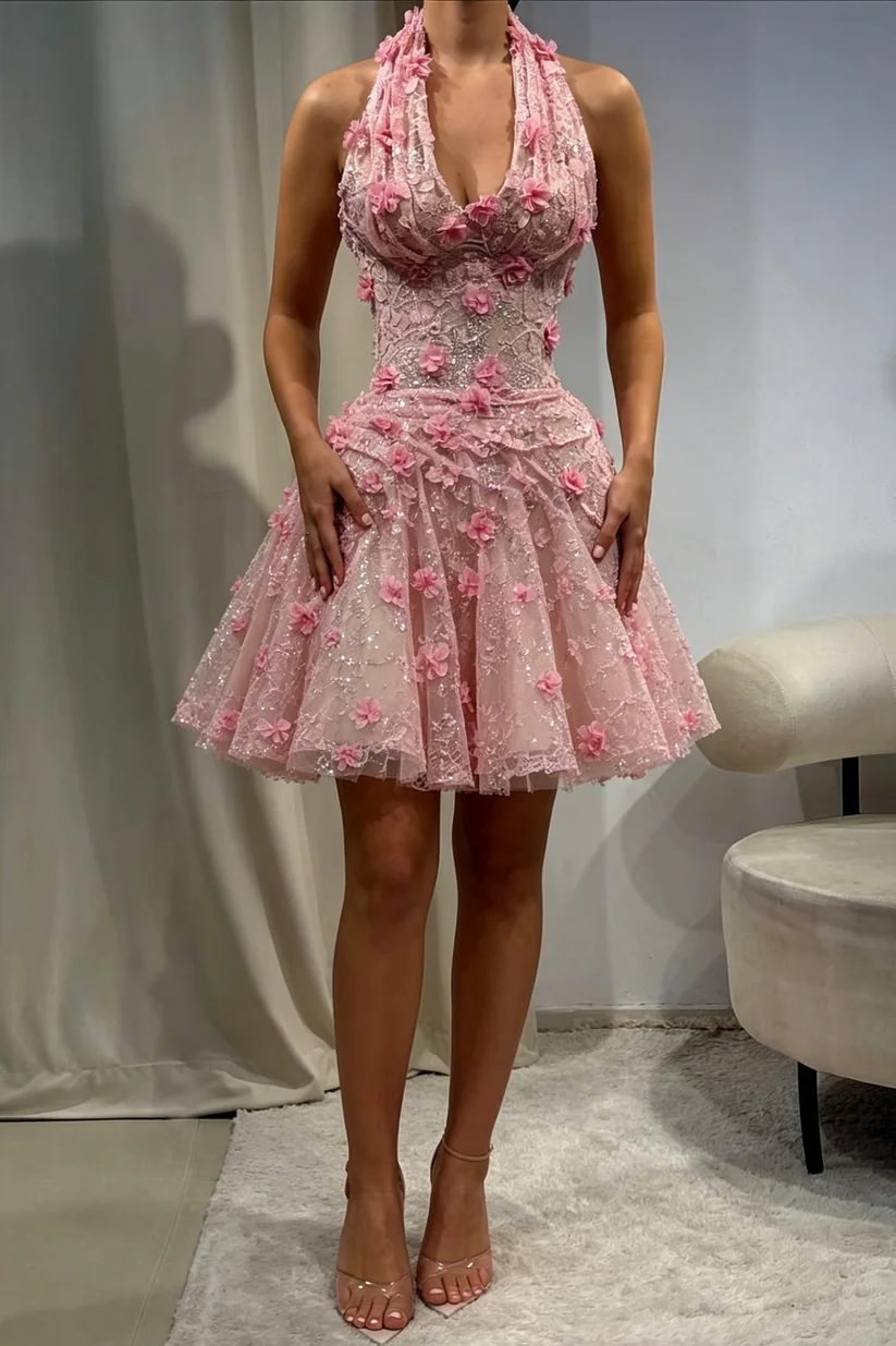 Pretty Pink Halter Lace Appliques Short 6th Grade Homecoming Dress,V Neck Mini Prom Dress D4248
