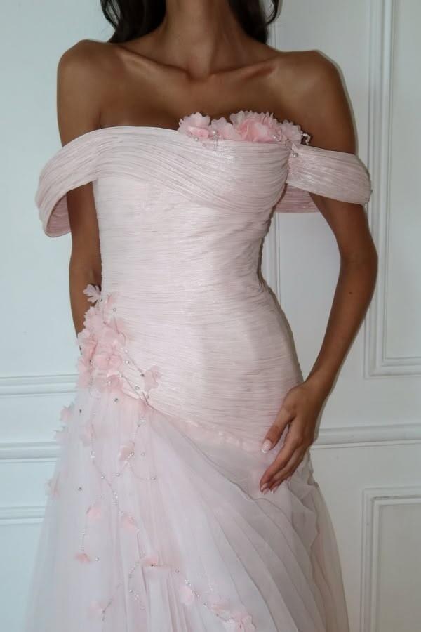 Pretty Pink Off The Shoulder Tulle Appliques Mermaid Long Party Dress Evening Gowns D5132