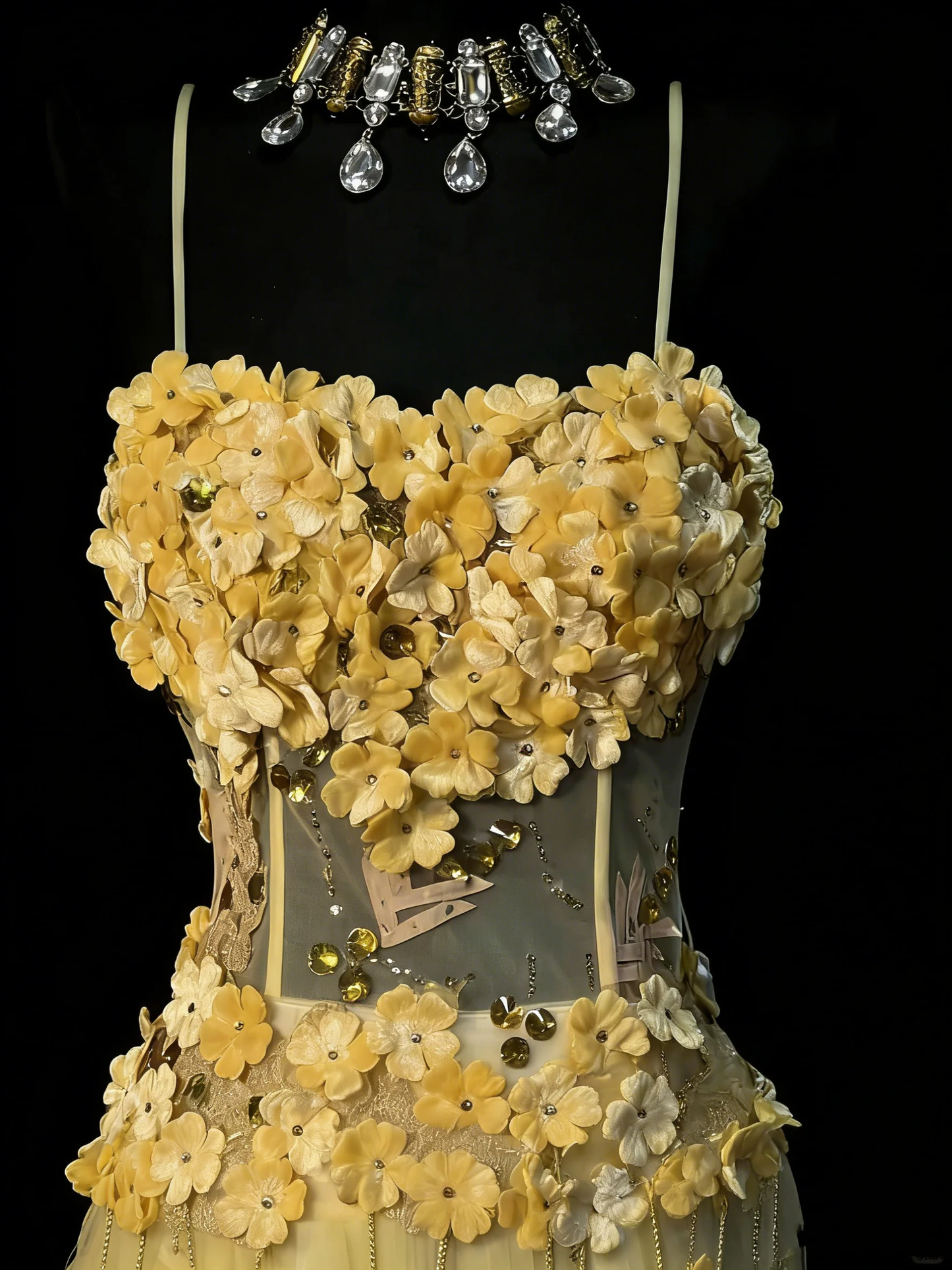 Unique Mermaid Spaghetti Strap Yellow Tulle Flowers 1950s Long Prom Dresses Party Dress 18th Birthday Outfits D4269
