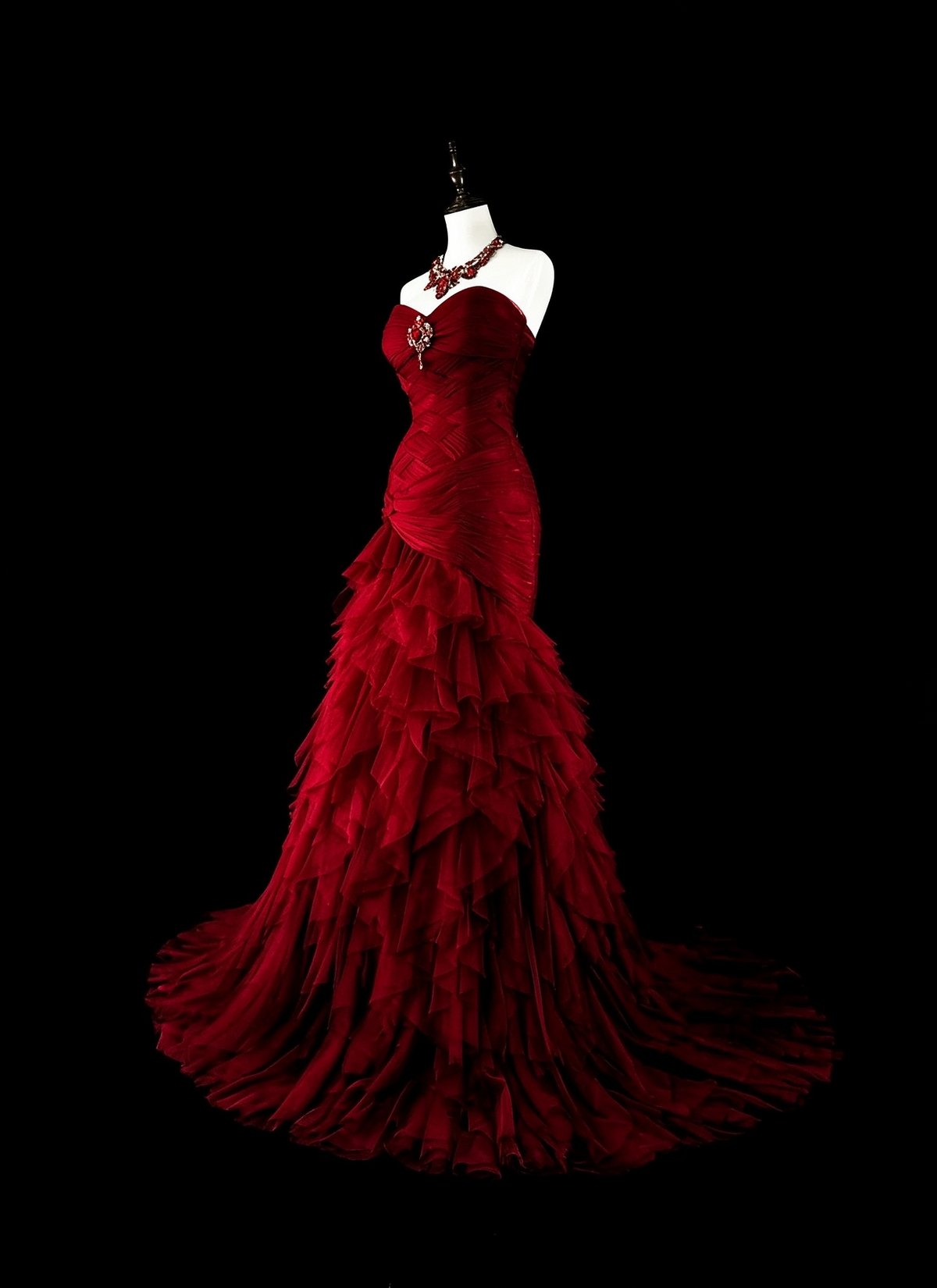 Charming Strapless Tulle Pleated Ruffles Mermaid Long Prom Dress Burgundy Evening Dress D5386