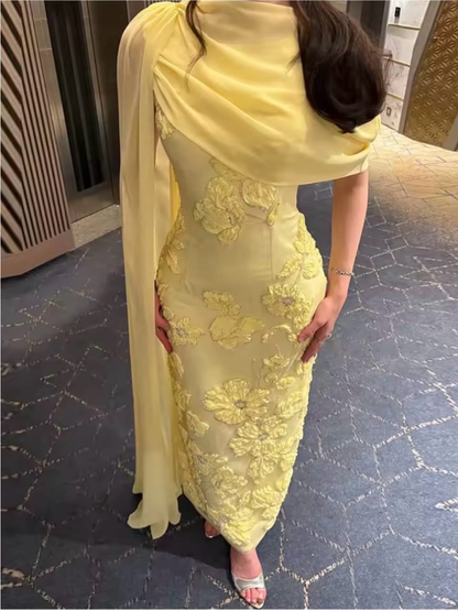 Pretty Yellow Chiffon Satin Sheath Floral Beaded Long Party Dress Evening Gown D4937