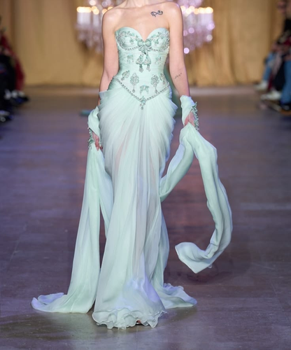 Glamorous Strapless Beaded Chiffon Pleated Mermaid Green Long Party Dress Evening Gown D4359