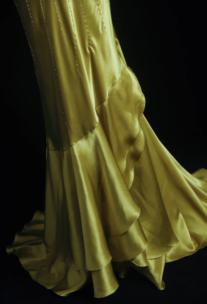 Stylish Strapless Gold Satin Pleated Beaded Mermaid Long Birthday Party Dress Evening Dress D1684