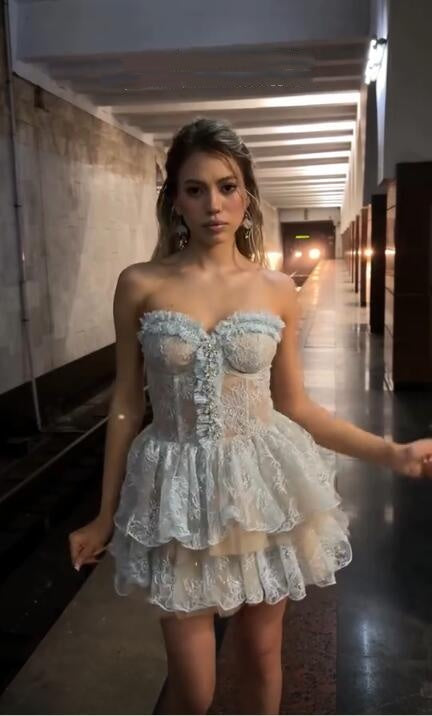 Elegant Blue Lace A Line Short 8th Grade Homecoming Dress,Sweetheart Neck Short Prom Dress D4309