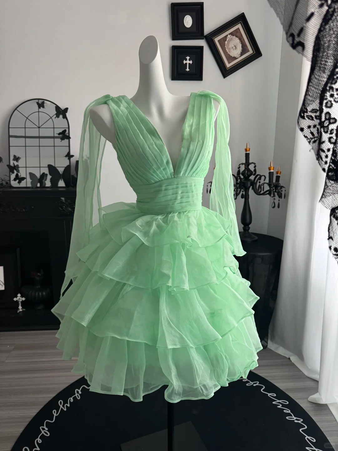 Classy Mint Green V Neck Tulle Layered Short Homecoming Dress,Mini 20th Birthday Outfits D3701