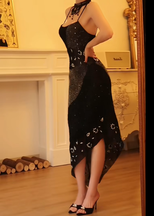 Vintage Black Spaghetti Straps Chiffon Sequin Beaded Sheath Long Party Dress Birthday Dress D2886