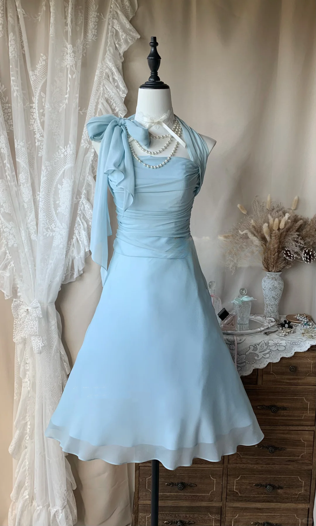 Simple Blue Halter Chiffon A Line Short Homecoming Dress Birthday Dress D3179
