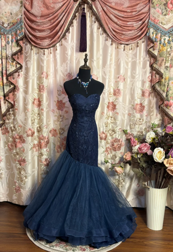 Elegant Strapless Navy Blue Tulle Lace Beaded Mermaid Evening Dress Long Birthday Prom Dress D2187
