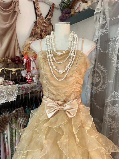 Modest Ball Gown Strapless Champagne Gold Organza Long Prom Dresses Party Dress D4428