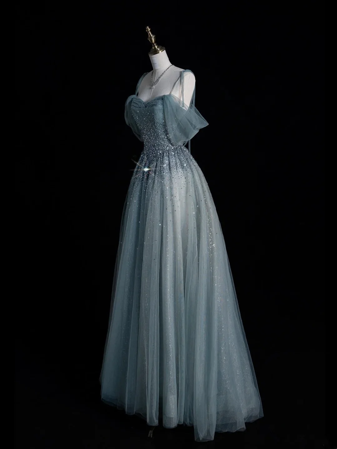Charming Off The Shoulder Tulle Beaded A Line Long Birthday Prom Dress Blue Long Party Dress D4845