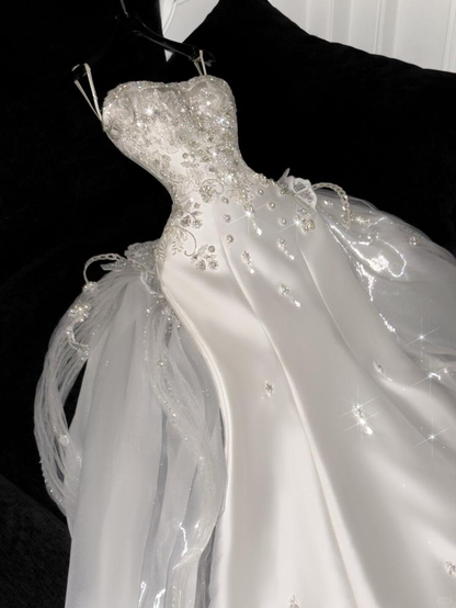 Pretty White Spaghetti Straps Satin Beaded Tulle Mermaid Long Wedding Dress D1339