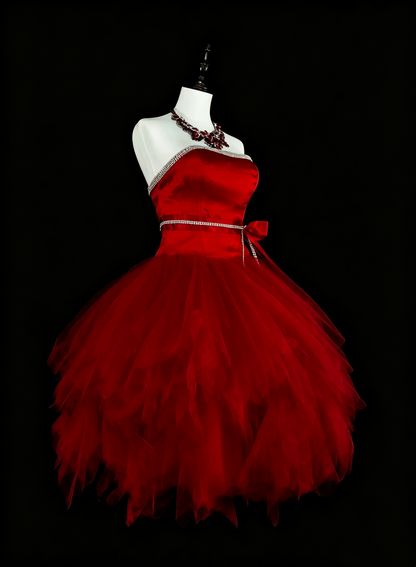 Gorgeous Red Strapless Satin Tulle Beaded A Line Short 8th Grade Homecoming Dress,Short Birthday Party Dress D4057