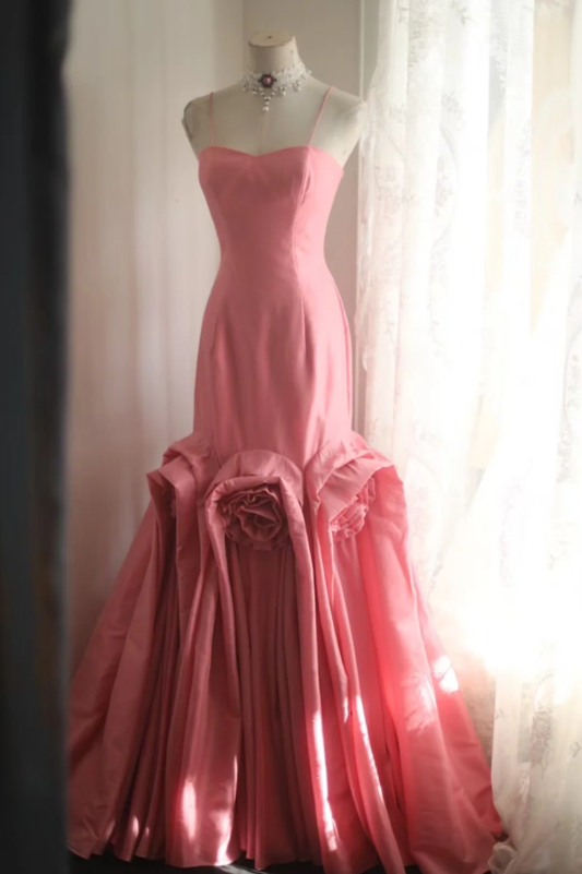 Elegant Spaghetti Straps Pink Satin Pleated Floral Mermaid Long Party Dress Birthday Evening Gown D2210