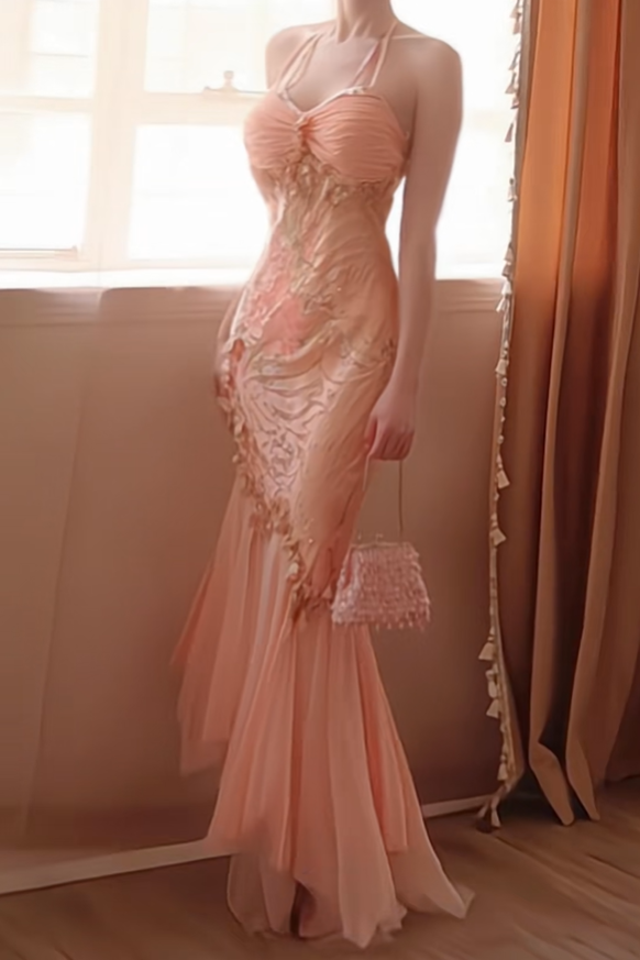 Glamorous Light Orange Pink Chiffon Mermaid Long Prom Gown Halter Evening Gown D2777