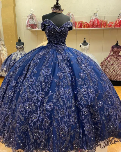 Vintage Navy Blue Ball Gown Off The Shoulder Tulle Lace Sequin Formal Quinceanera Dress D1632