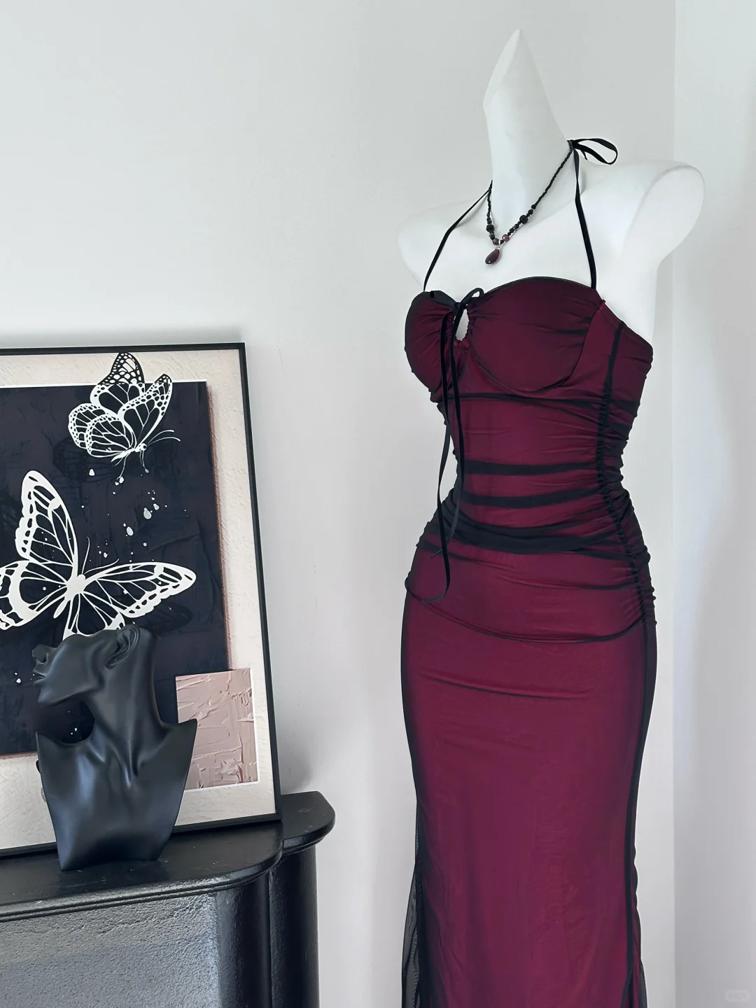 Vintage Spaghetti Straps Burgundy Bodycon Long Party Dress Birthday Dress S628