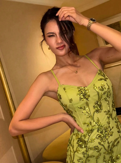 Elegant Spaghetti Straps Green Tulle Sequin Floral Mermaid Long Evening Dress Birthday Party Dress D4724