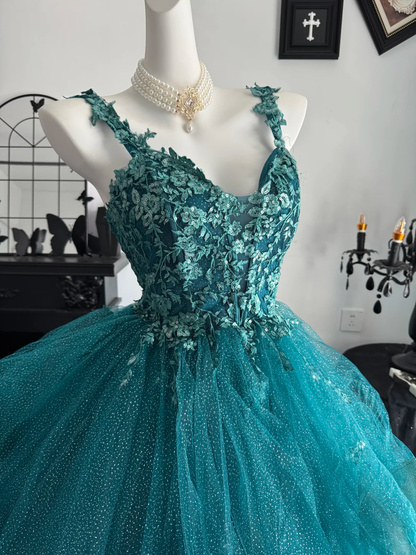 Pretty Spaghetti Straps Ball Gown Teal Tulle Appliques Quinceanera Dress D3694