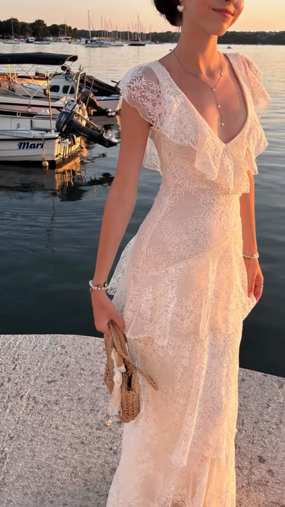 Elegant V Neck White Lace Layered Long Prom Dress Evening Gown D5012