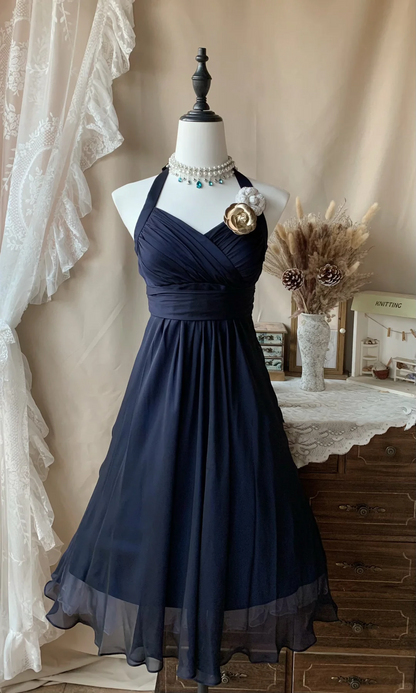 Classy Navy Blue Halter Chiffon A Line Short Homecoming Dress Birthday Outfits D3070
