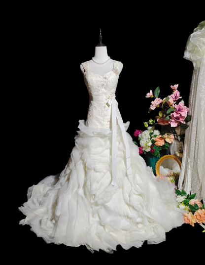 Pretty Spaghetti Straps Satin Appliques Beaded Tulle Pleated Mermaid Long Wedding Dress Bridal Dress D2371