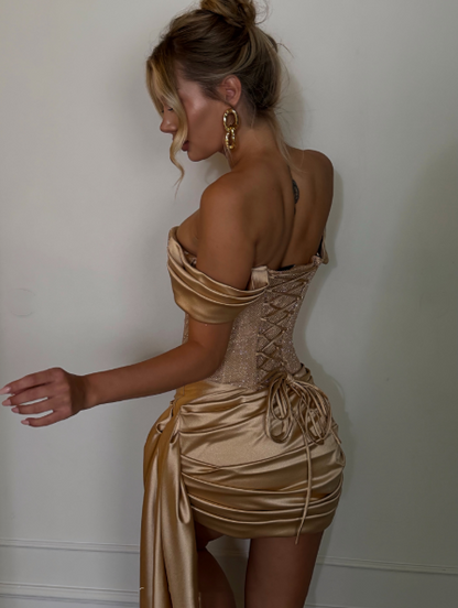 Stylish Champagne Gold Satin Sequin Sheath Short 6th Grade Homecoming Dress,Off The Shoulder Short Prom Dress D3963