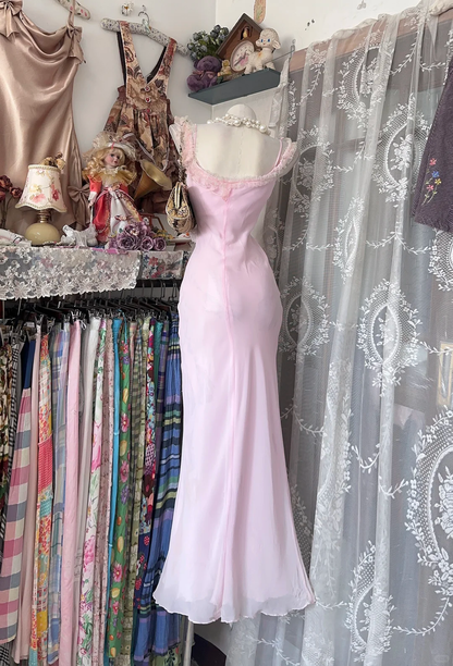 Charming Spaghetti Straps Pink Chiffon Mermaid Long party Dress Evening Gown D3208