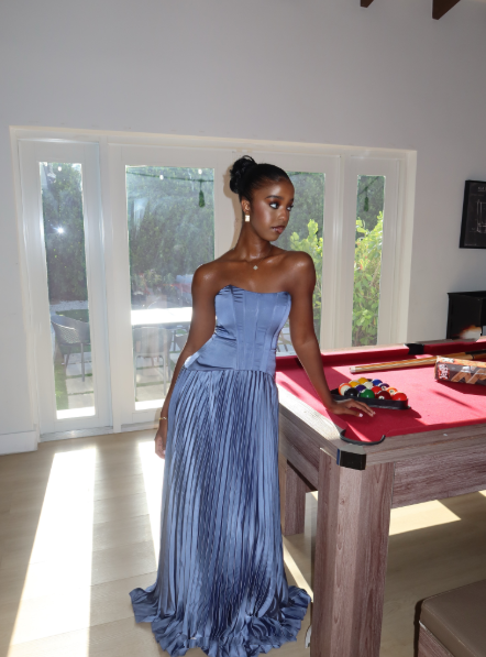 Stylish Strapless Blue Satin Pleated A Line Long Party Dress Birthday Prom Dress Gown D4973