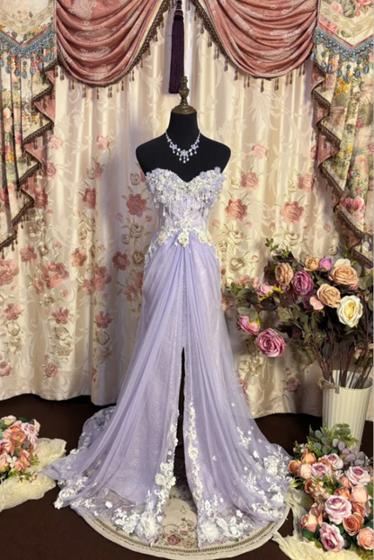 Pretty Strapless Tulle Lace Appliques Beaded Mermaid Slit Evening Dress Purple Birthday Party Gown D2189