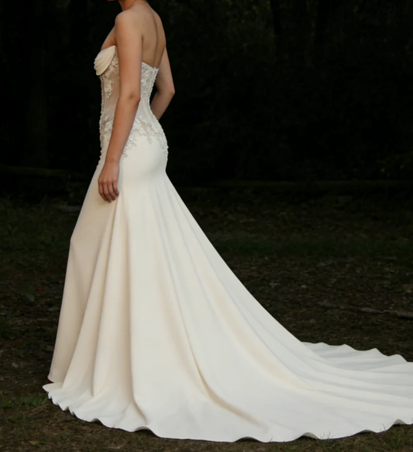 Classy Strapless Satin Appliques White Mermaid Long Wedding Dress Bridal Dress D1940