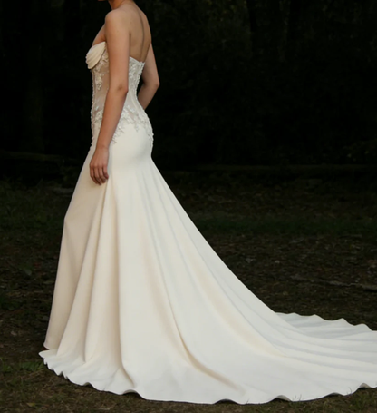 Classy Strapless Satin Appliques White Mermaid Long Wedding Dress Bridal Dress D1940