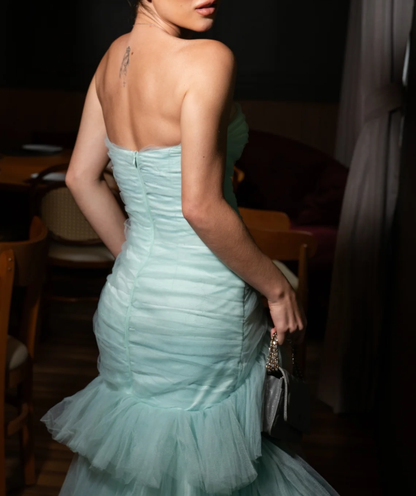 Classy Blue Strapless Tulle Pleated Layered Mermaid Long Prom Dress Birthday Party Gown D3815