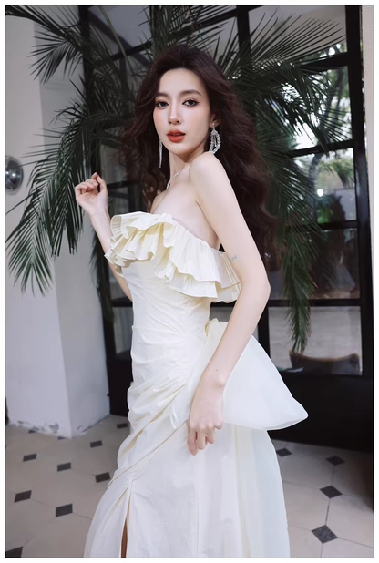 Elegant Beige Strapless Satin Pleated Mermaid Slit Long Evening Dress Birthday Party Dress With Bow D2418