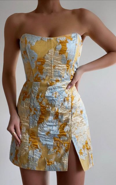 Vintage Yellow Satin Print Floral Slit Short Graduation Homecoming Dress,Strapless Mini Birthday Dress D4088