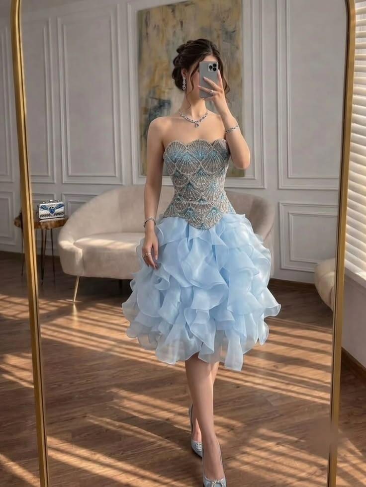 Classy Strapless Mini Birthday Dress,Blue Tulle Ruffle Beaded A Line Short Graduation Homecoming Dress D3740