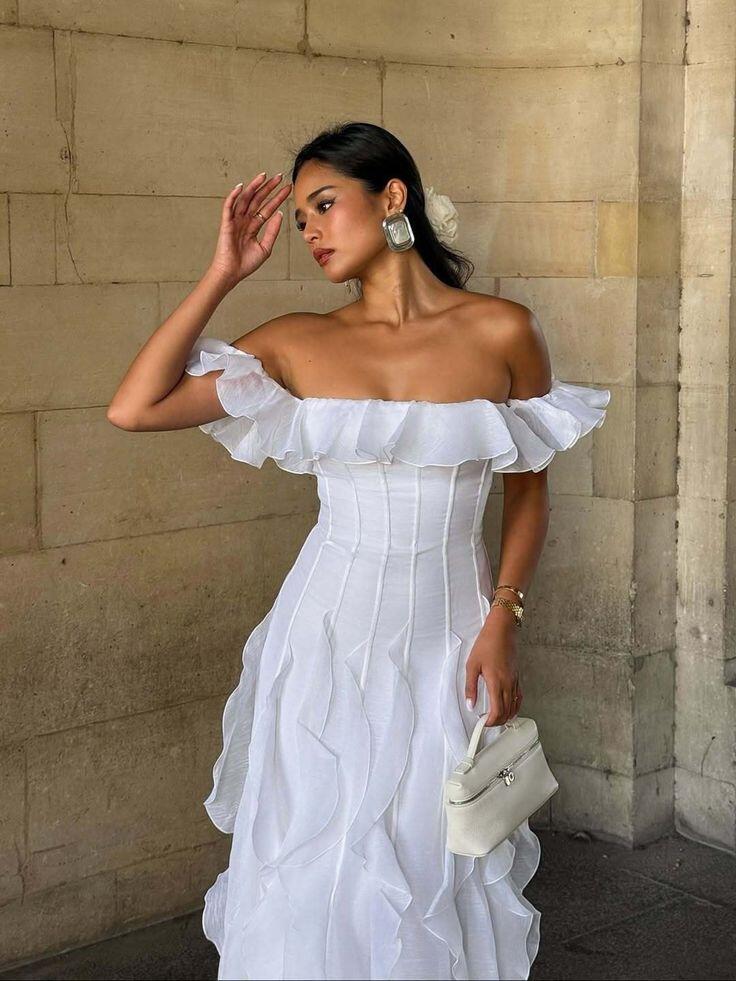Pretty Off The Shoulder Tulle Ruffle A Line Party Dress White Long Prom Dress D5050