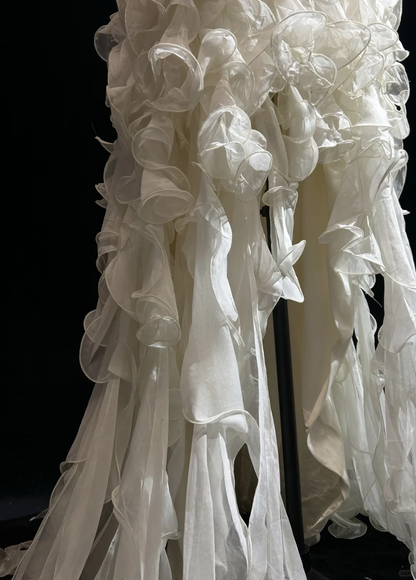 Elegant Strapless Off White Chiffon Pleated Ruffles Mermaid Evening Dress Long Prom Dress D3122