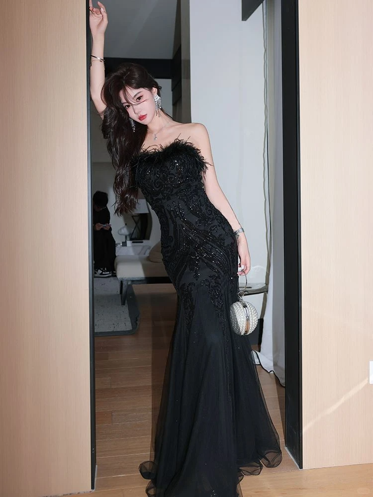 Gorgeous Feathers Strapless Black Tulle Sequin Mermaid Long Evening Dress Party Gown D2497
