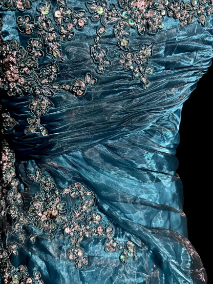 Charming Strapless Blue Tulle Sequin Beaded Mermaid Evening Dress Long Birthday Party Dress D1209