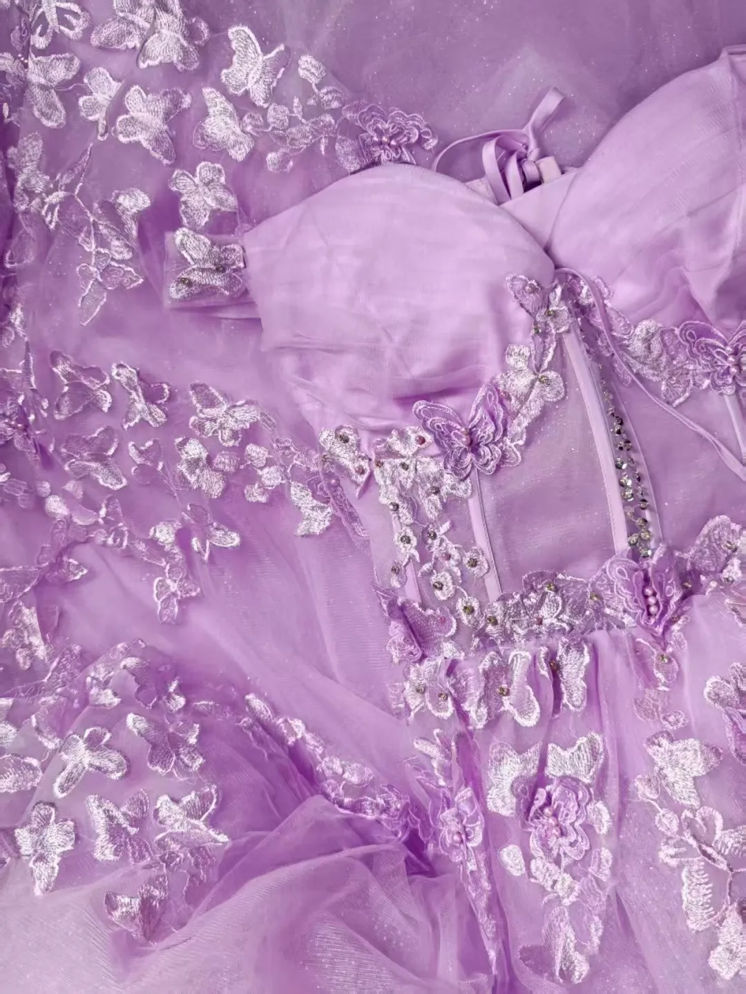 Elegant Lavender Ball Gown Off The Shoulder Tulle Appliques Quinceanera Dress D3642